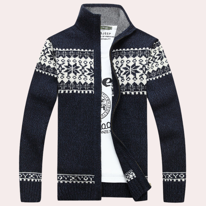 Men's cozy Fair Isle patterned zip-up winter jacket with stand collar for casual warmth & layering.
