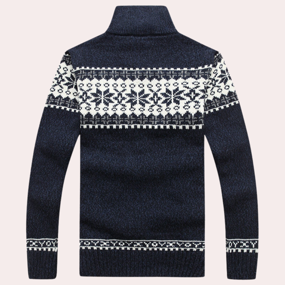 Stylish men's Fair Isle patterned zip-up jacket, perfect casual outerwear for a warm and cozy winter.