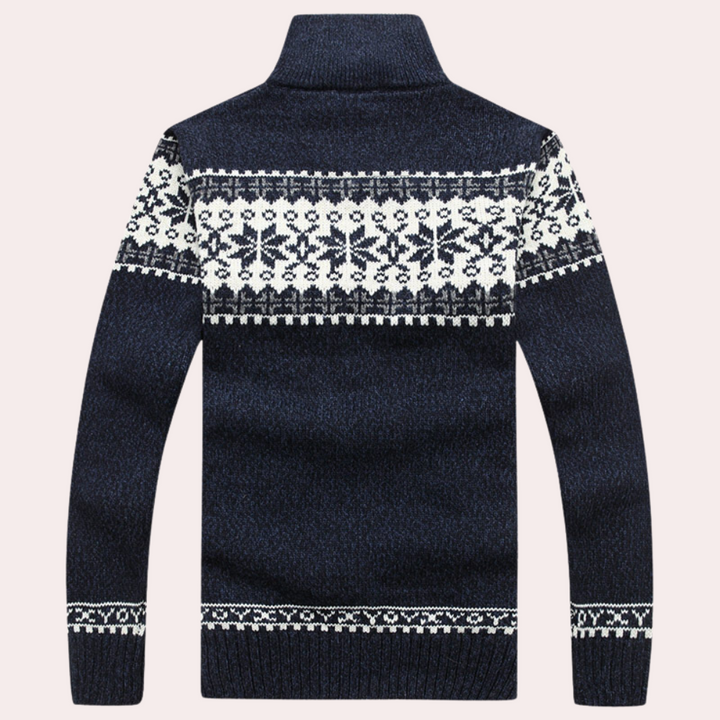 Stylish men's Fair Isle patterned zip-up jacket, perfect casual outerwear for a warm and cozy winter.
