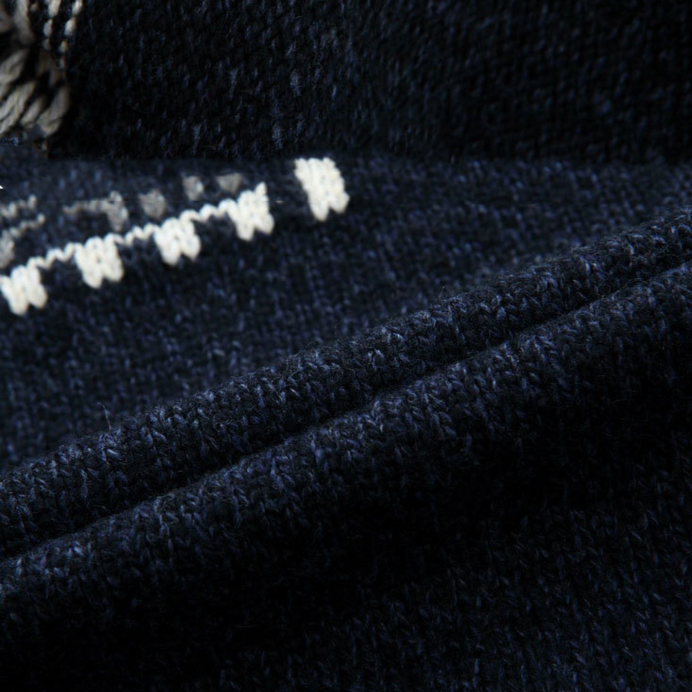Detailed Fair Isle patterned men's zip-up jacket. Warm, casual outerwear, ideal for winter layering.