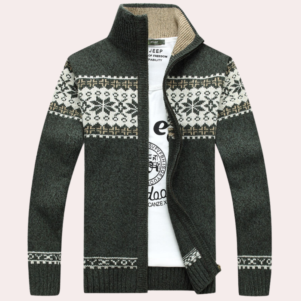Close-up of a men's patterned Fair Isle zip-up jacket with stand collar, offering cozy winter style.