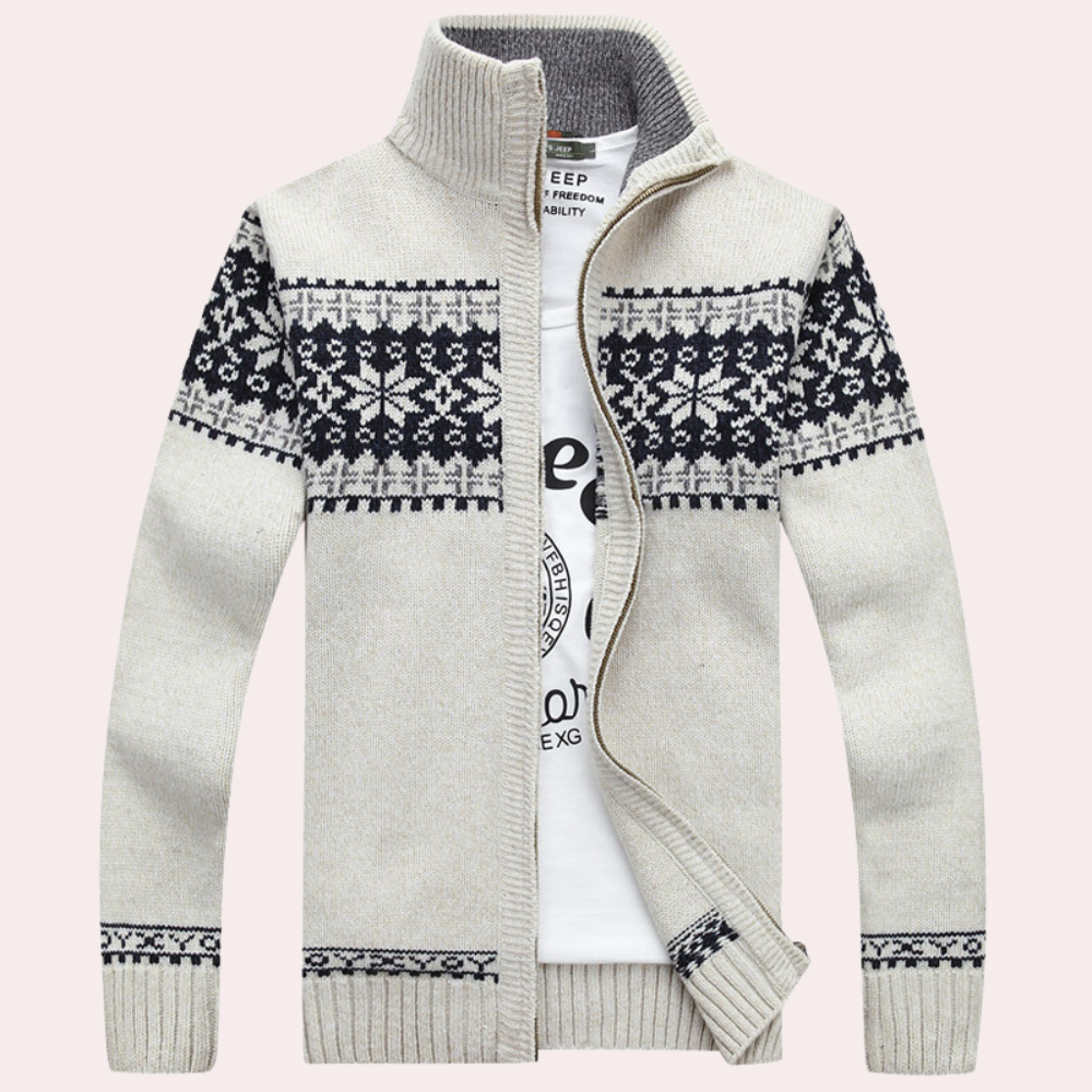 Men's warm Fair Isle patterned zip-up jacket. Casual winter outerwear, great for cozy seasonal layering.