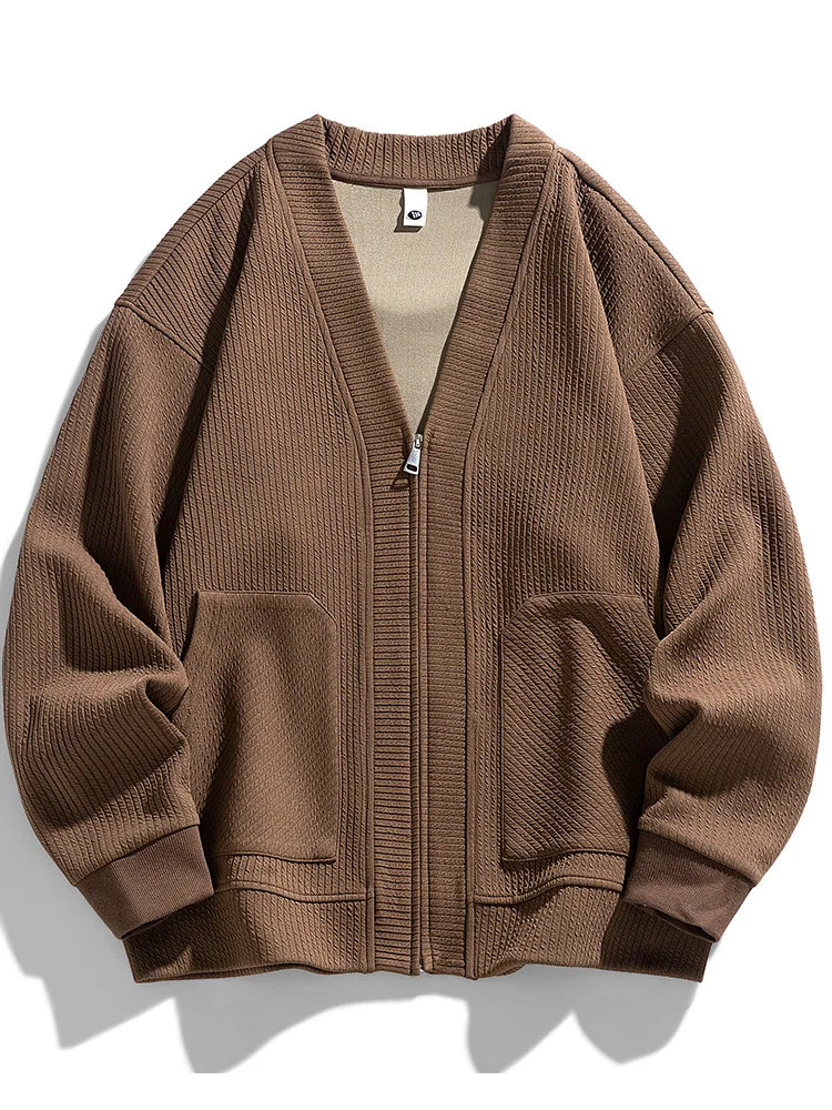 Men's cozy stretch knit zip-up cardigan, perfect for winter layering & everyday comfort.