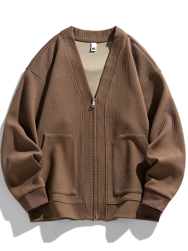 Men's cozy stretch knit zip-up cardigan, perfect for winter layering & everyday comfort.