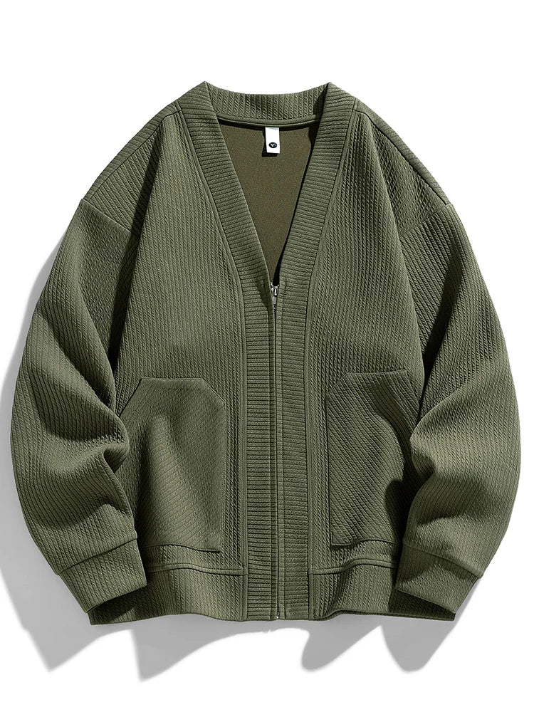 Soft knit men's winter cardigan with a zip closure, offering cozy warmth & stretch for daily wear.