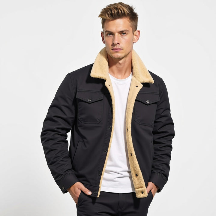 Men's insulated outdoor jacket. Warm winter coat for cold weather activities & layering. Comfortable outerwear.