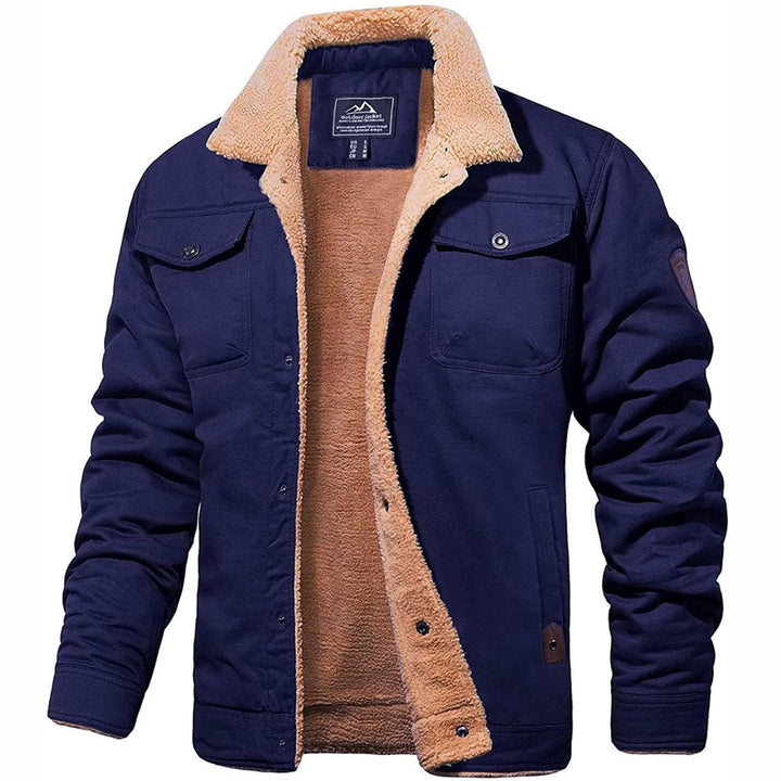 Close-up of cozy men's winter jacket texture. Shows warm insulation & comfortable fabric. Essential cold weather outerwear.