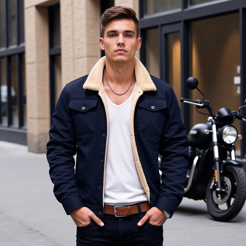Front view of men's warm winter jacket. Stylish, insulated outerwear. Perfect casual coat for cold weather layering.