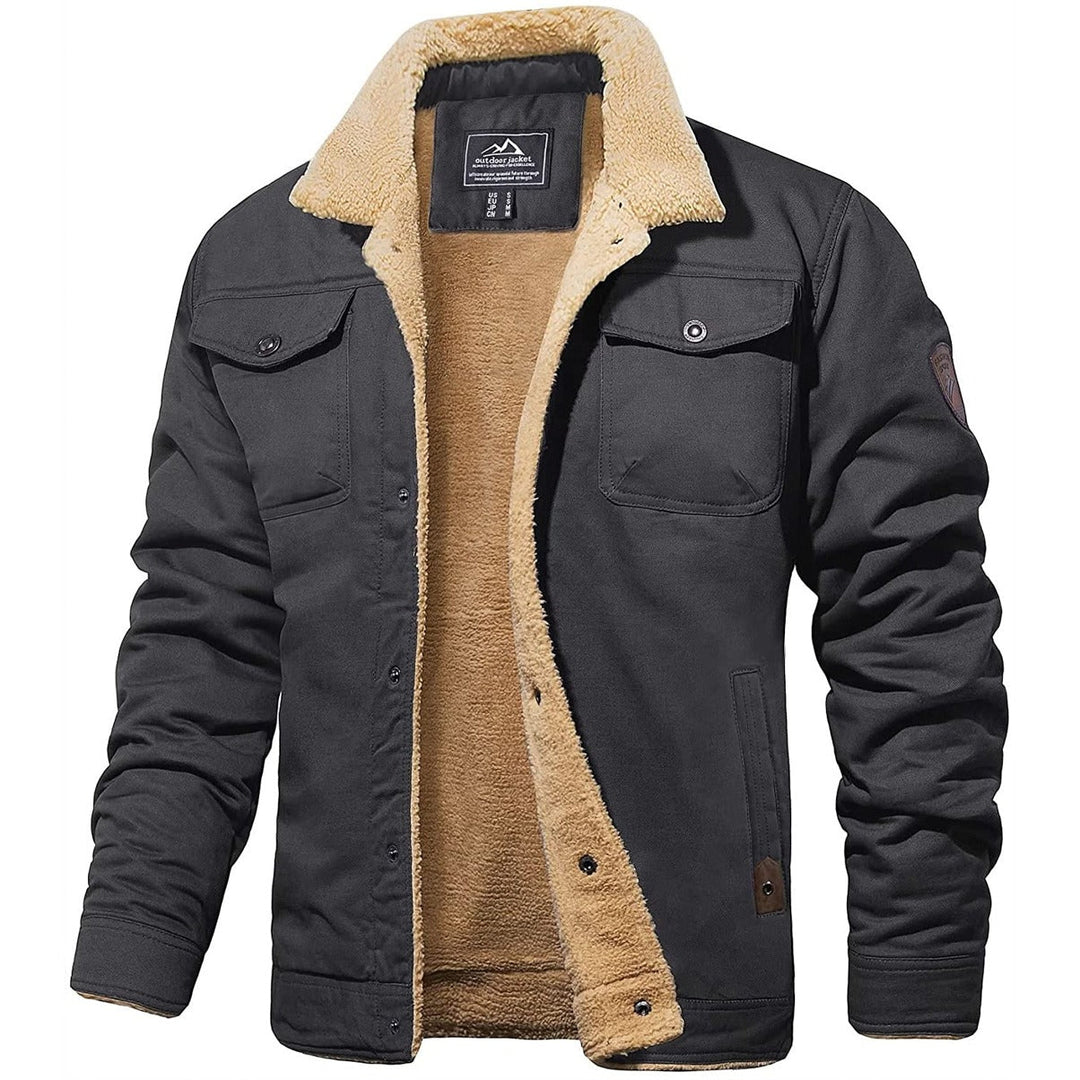 Detail of men's winter jacket zipper & hood. Insulated, warm coat for cold weather & outdoor use. Comfortable outerwear.