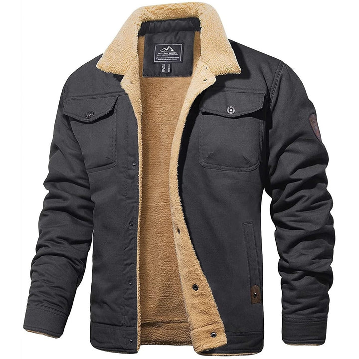 Detail of men's winter jacket zipper & hood. Insulated, warm coat for cold weather & outdoor use. Comfortable outerwear.
