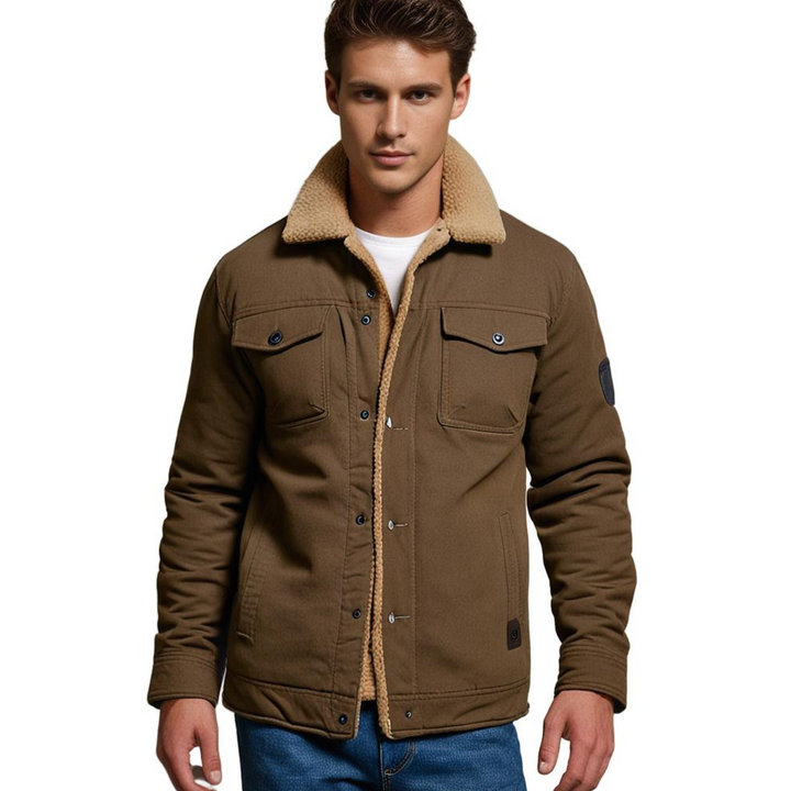 Man wearing a cozy men's winter coat in a casual setting. Comfortable, warm jacket for everyday cold weather fashion.