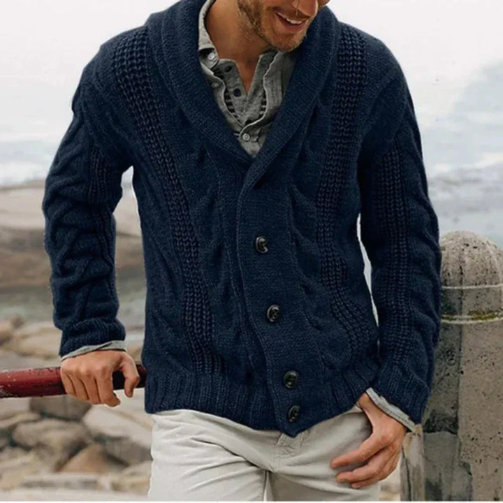 Men's dark blue shawl collar cable knit cardigan jacket with button-front closure, ideal for winter casual wear.