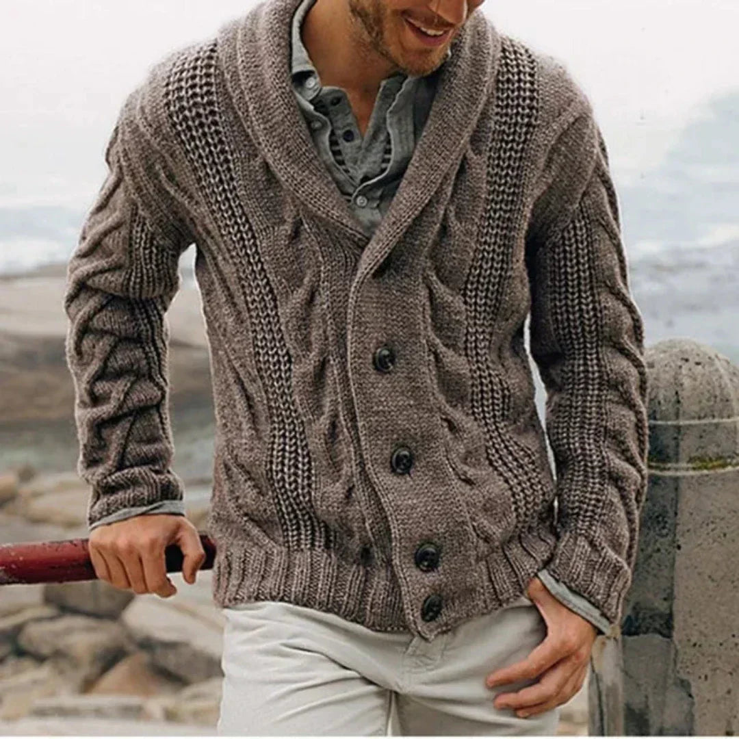 Comfortable men's cable knit sweater jacket with stylish shawl collar, perfect layering piece for winter fashion.