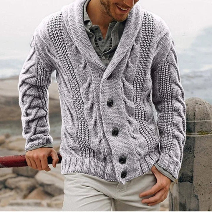 Stylish brown men's cable knit jacket with shawl collar, versatile button-front cardigan for casual winter wear.