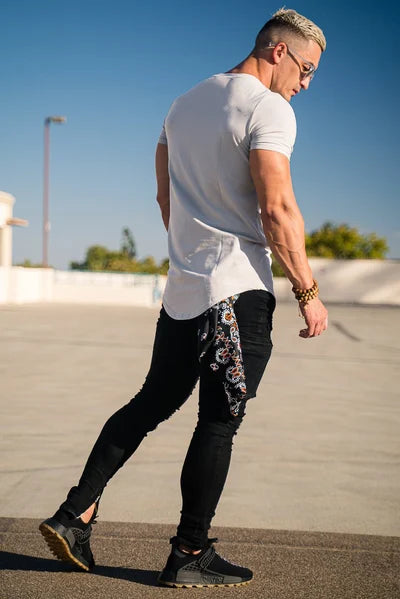 Men's deep cut t-shirt, showcasing the deep cut neckline and athletic fit.