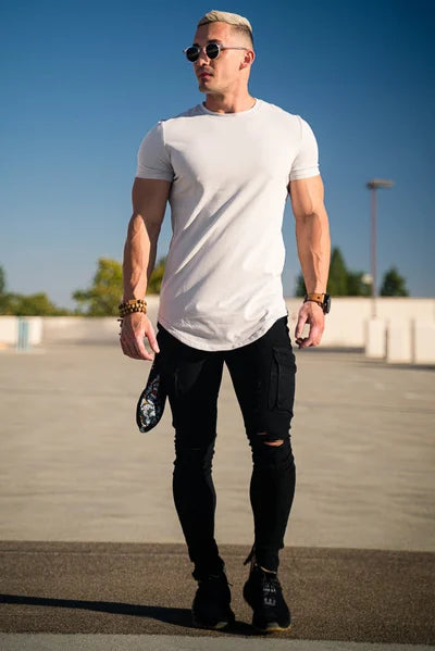 Comfortable men's essential tee, deep cut, made with soft stretch fabric.