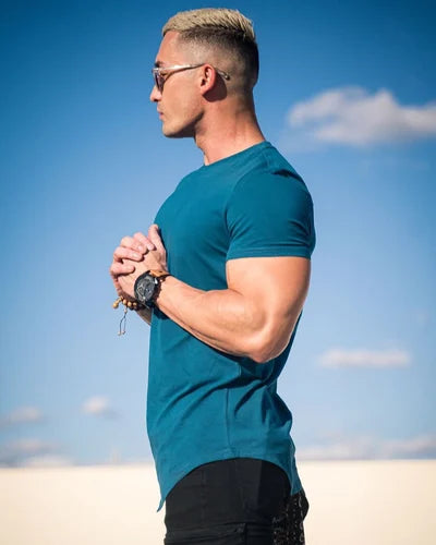Modern men's deep cut t-shirt, versatile for casual outfits, excellent comfort.