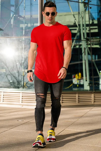 Men's wardrobe staple: deep cut essential t-shirt, stylish, comfortable, and stretchy.