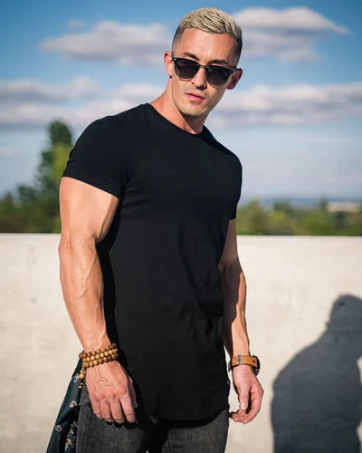 Stylish men's deep cut tee, versatile short sleeve top for everyday wear.