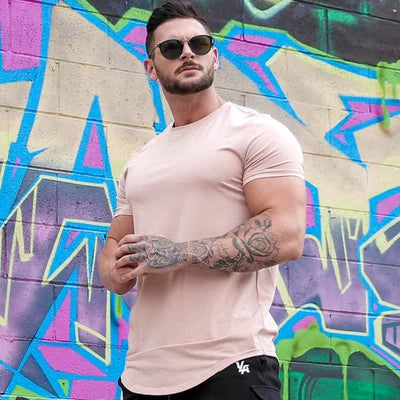 Comfortable stretch men's t-shirt, modern deep cut design, wardrobe staple.