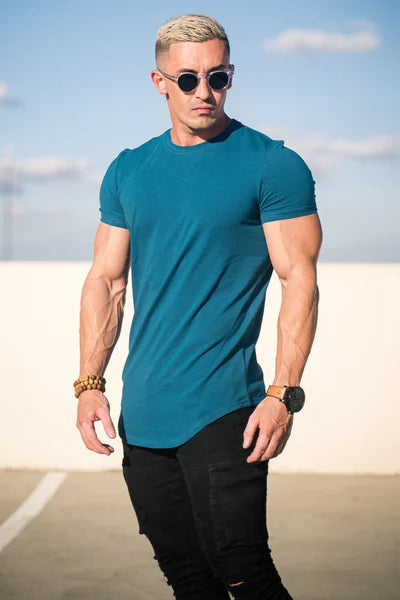 Men's essential deep cut tee in black, perfect for a casual yet stylish look.