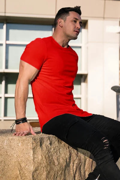 White men's deep cut t-shirt, short sleeve, athletic fit, great for active days.