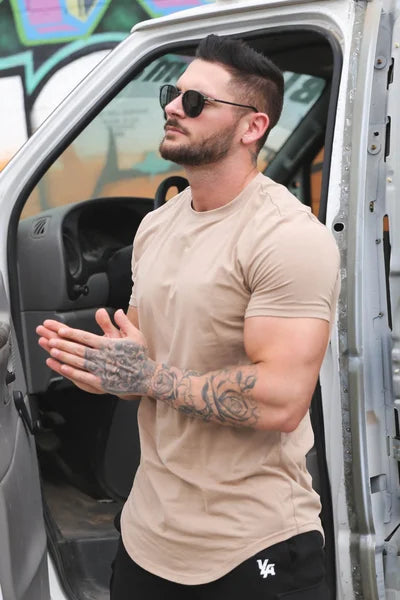 Close-up of soft fabric on men's deep cut essential tee, ideal for everyday comfort.