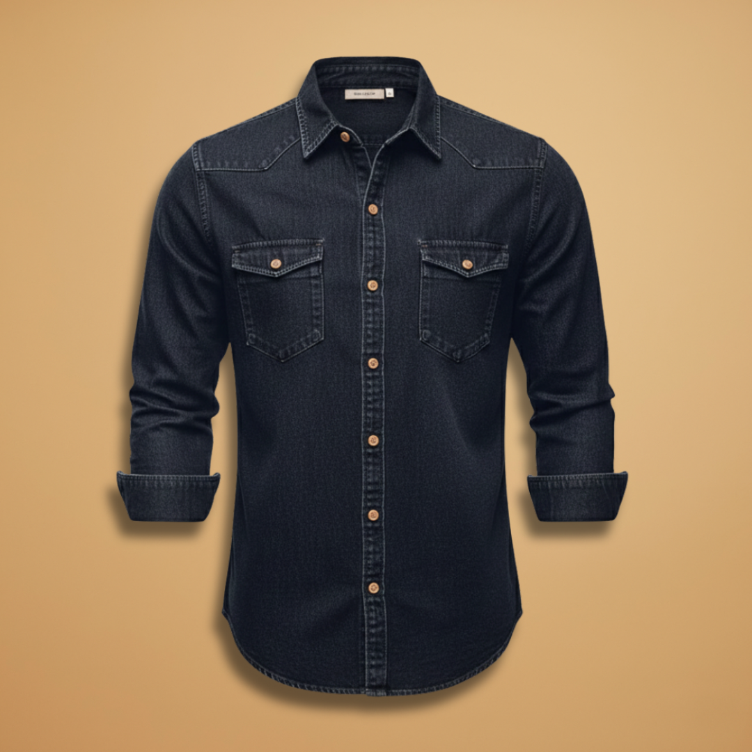 Men's denim button-up shirt with chest pockets, perfect for casual layering & everyday versatile style.