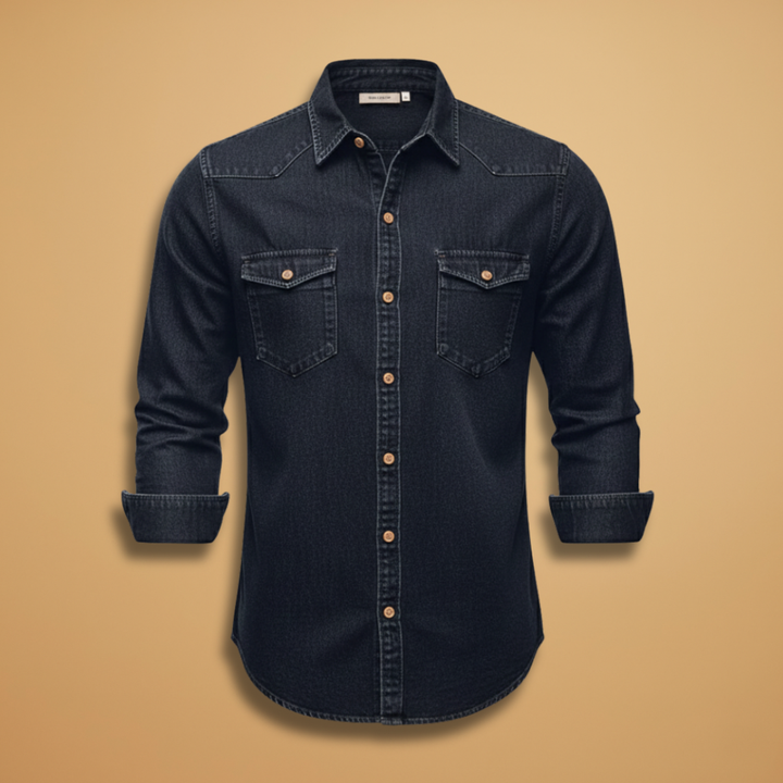 Men's denim button-up shirt with chest pockets, perfect for casual layering & everyday versatile style.