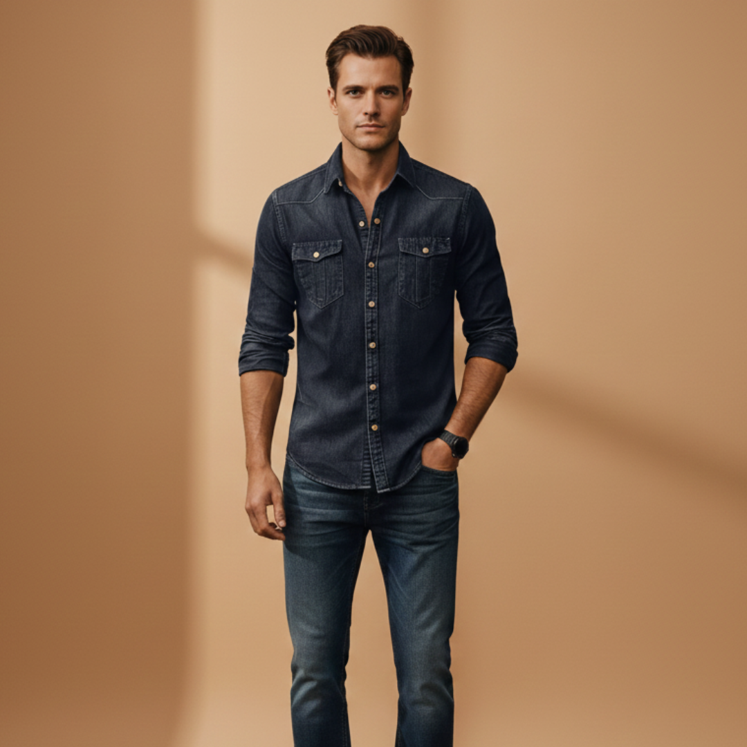 Classic men's long sleeve denim shirt, a stylish button-up with functional chest pockets for men.