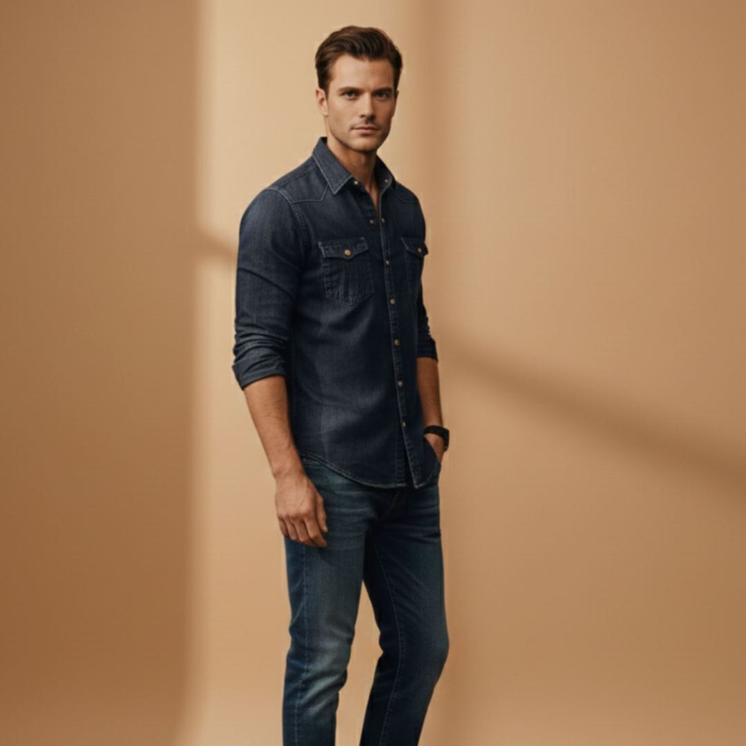 Versatile men's denim shirt, a casual button-up with chest pockets for easy layering & everyday wear.