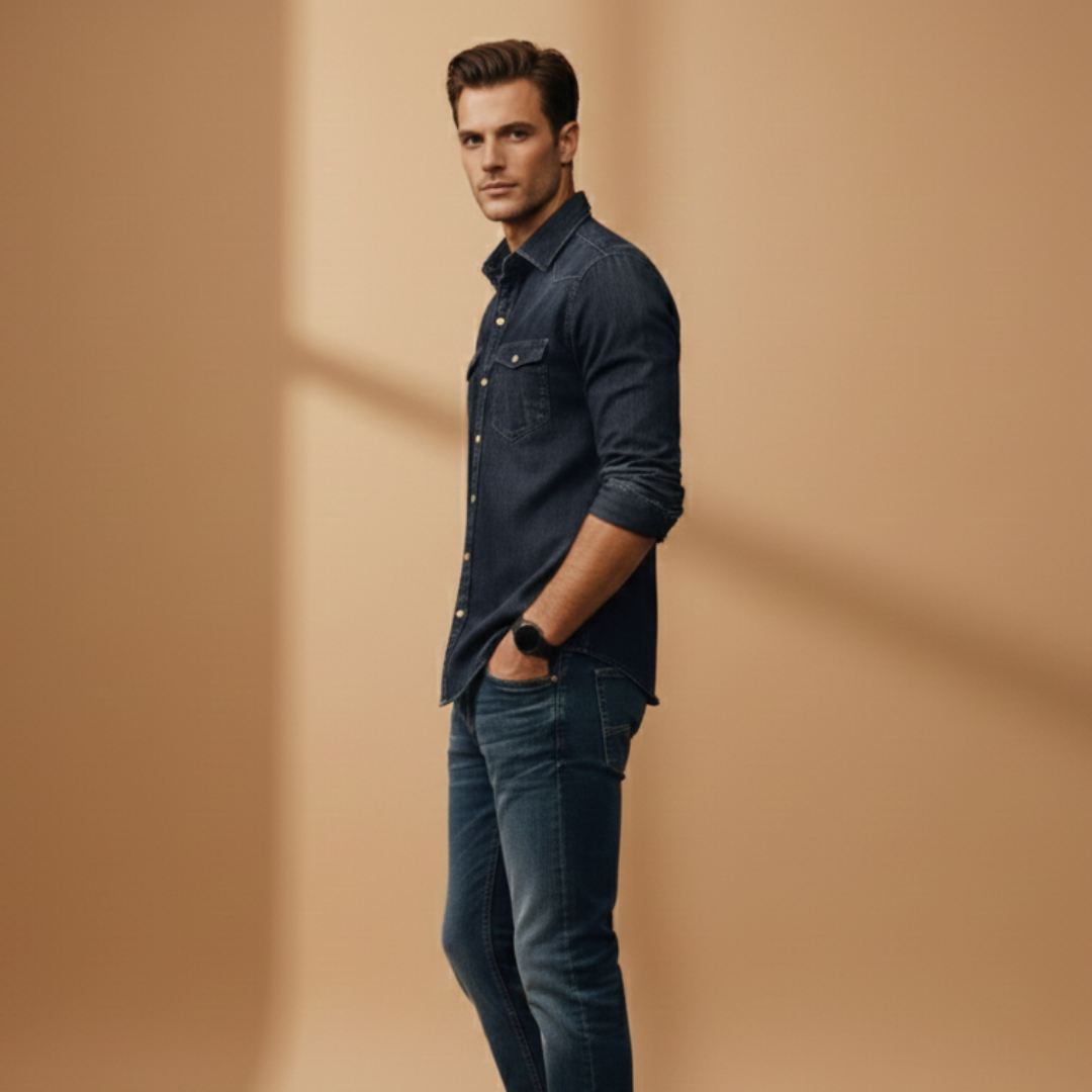 Stylish men's long-sleeve denim shirt, button-up with chest pockets for casual and classic everyday wear.