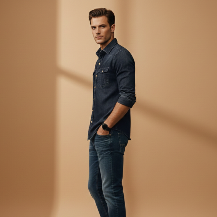 Stylish men's long-sleeve denim shirt, button-up with chest pockets for casual and classic everyday wear.
