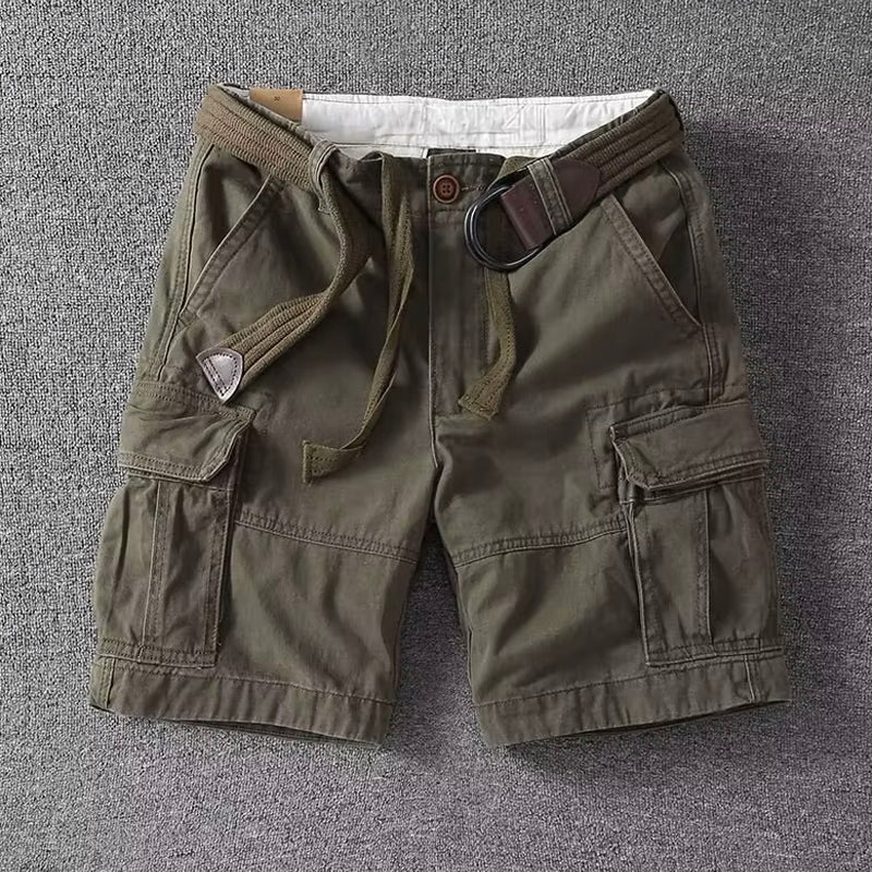 Men's utility cargo shorts featuring multiple deep pockets & adjustable waist for everyday comfort & rugged style.