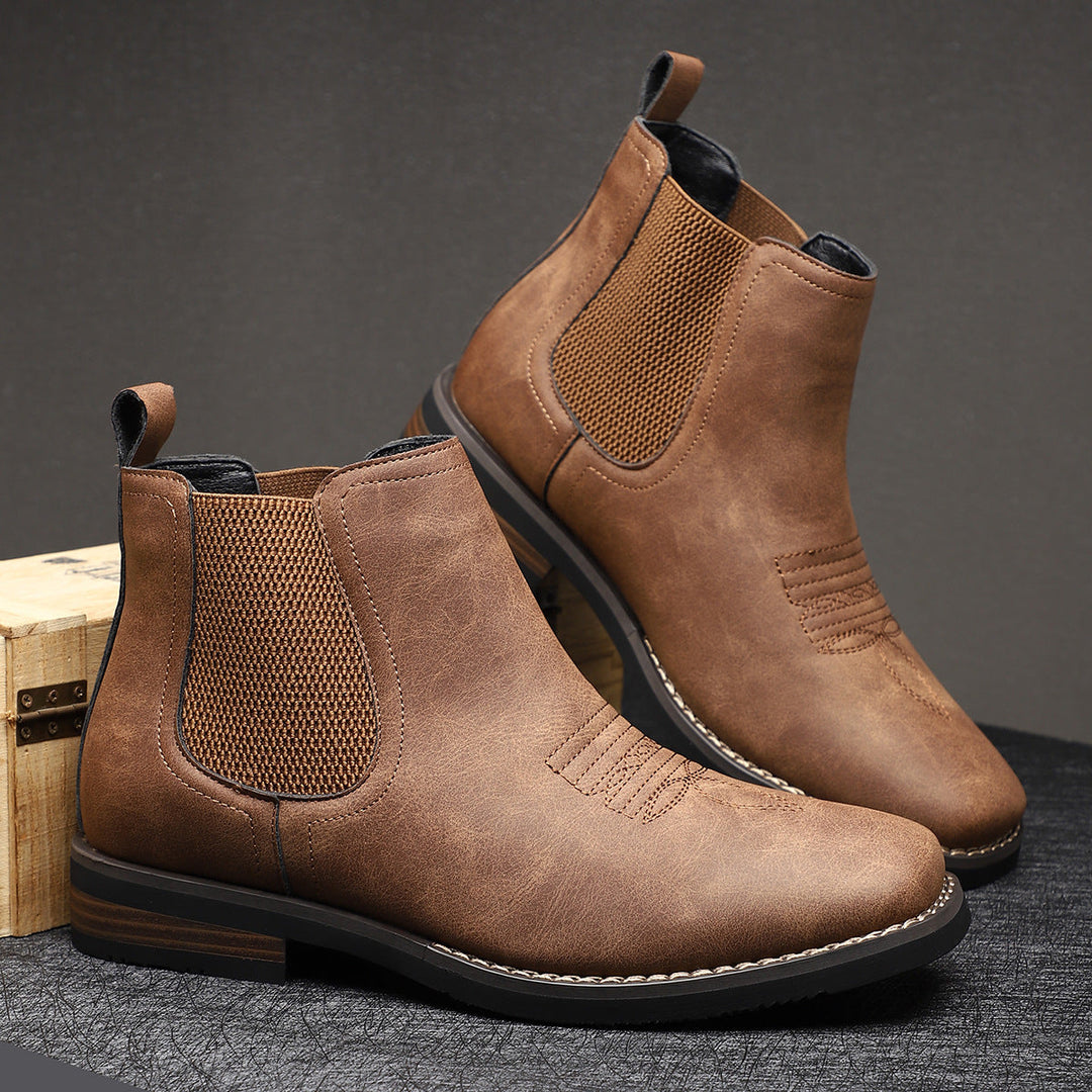 Stylish men's square toe Chelsea dress boots, ideal for formal and casual outfits.