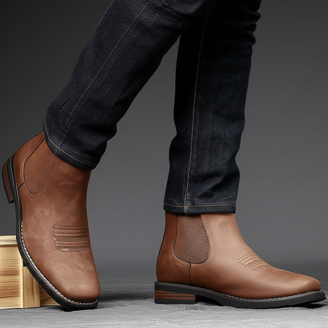 Easy pull-on men's square toe Chelsea boots for modern comfort and style.