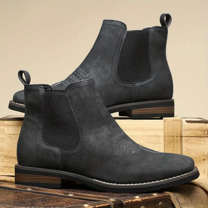 Versatile men's square toe Chelsea boots, suitable as dress or casual footwear.