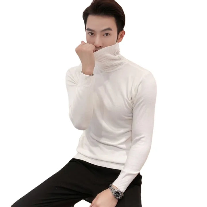 Men's elegant black turtleneck pullover sweater. Sophisticated long-sleeve knitwear for winter fashion.