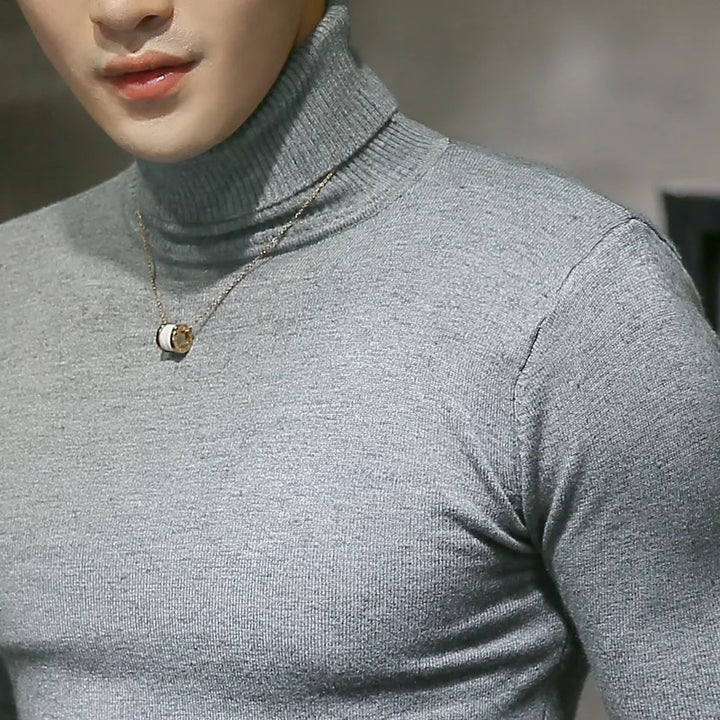 Close-up of men's turtleneck collar. Elegant knit pullover sweater, highlighting sophisticated comfort & style.