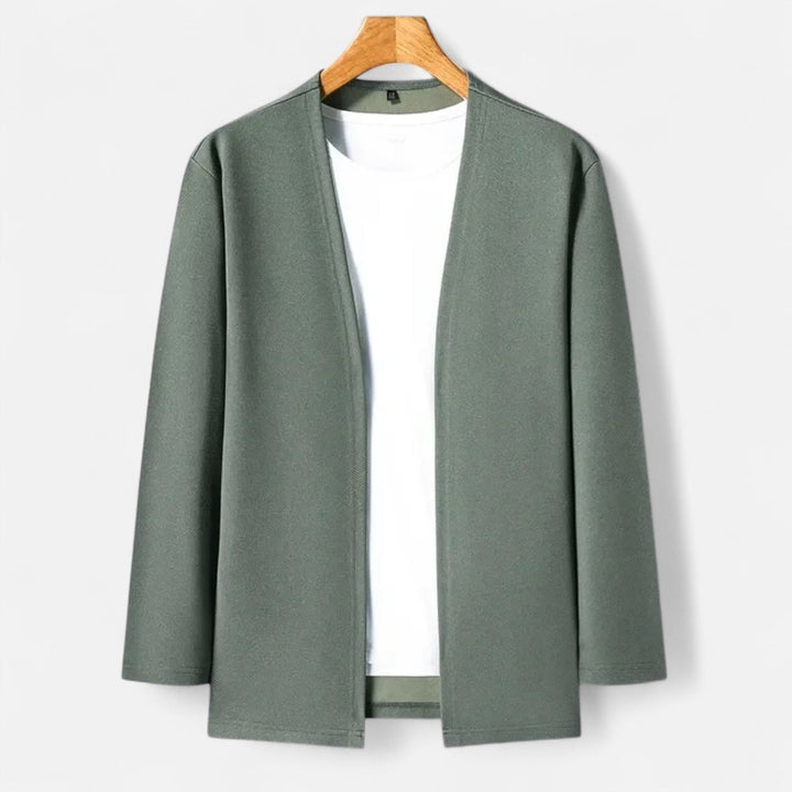 Men's elegant long-sleeve cardigan cloak, refined outerwear for sophisticated modern style.