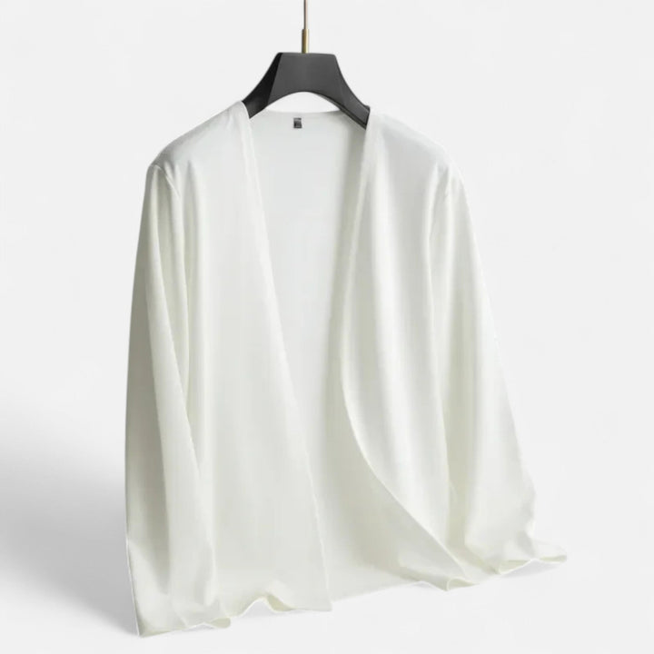 Sophisticated men's long-sleeve cardigan cloak, perfect for elegant layering and modern dapper style.
