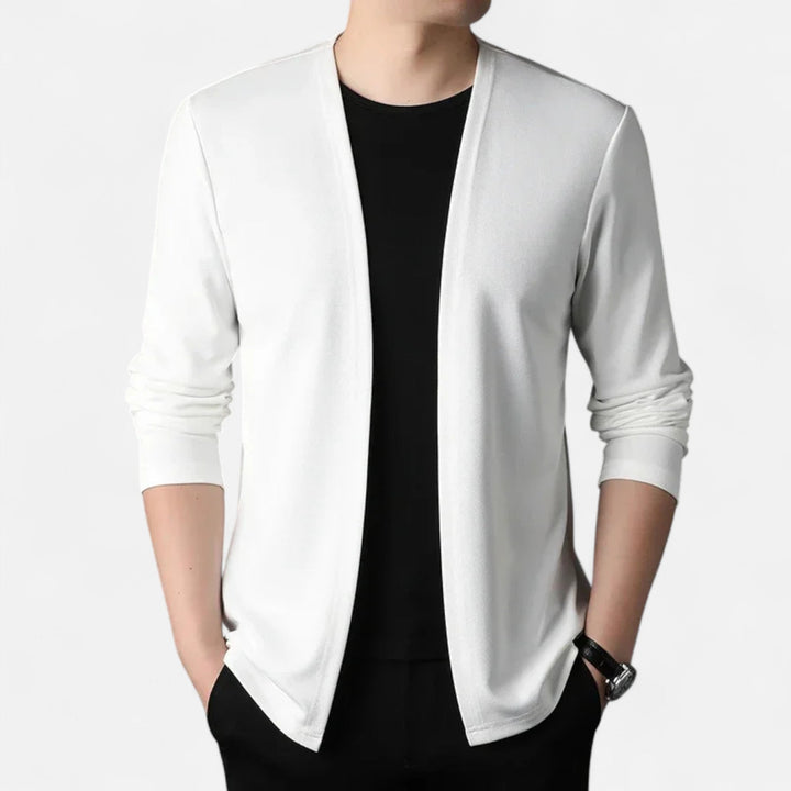 Dapper men's long-sleeve cardigan cloak, a sophisticated choice for elegant layering and modern style.
