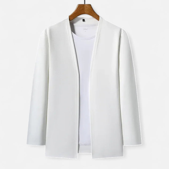 Elegant men's long-sleeve cardigan cloak, a refined outerwear piece for dapper fashion layering.