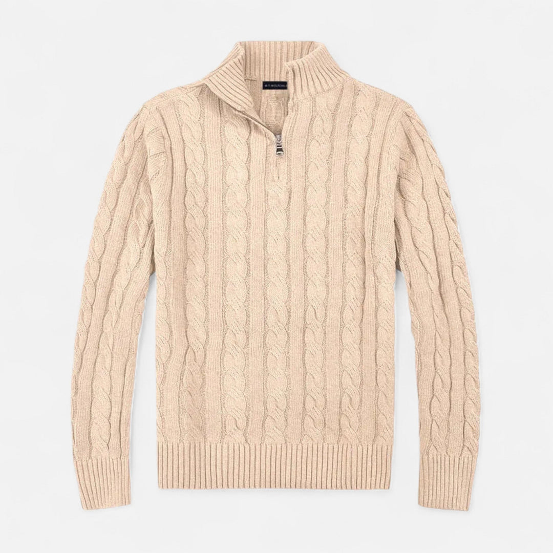 Men's elegant old money half-zip sweater in classic knit, perfect for sophisticated layering.