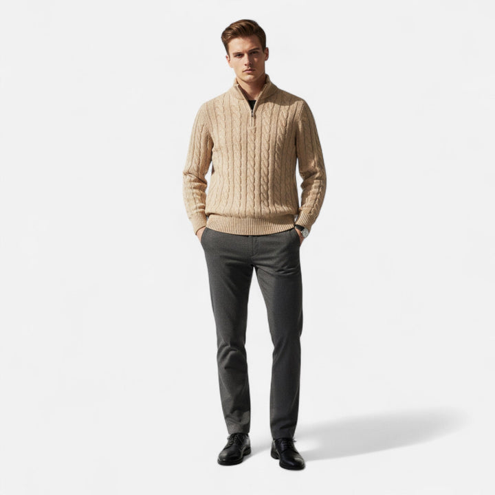 Timeless men's half-zip pullover sweater, embodying refined old money style for casual or dressy looks.