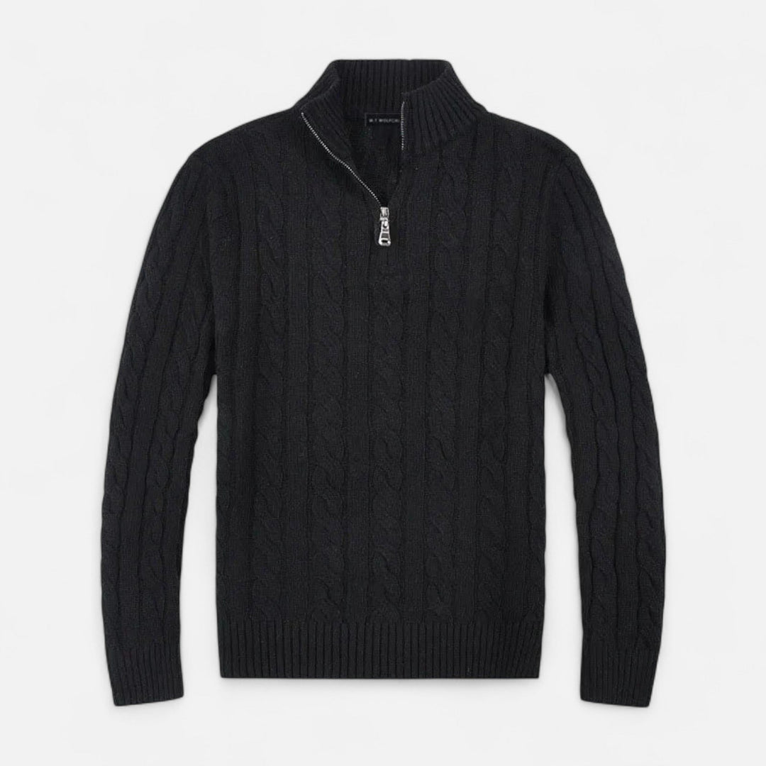 Close-up: Men's refined half-zip sweater, showcasing elegant knit texture and timeless old money aesthetic.