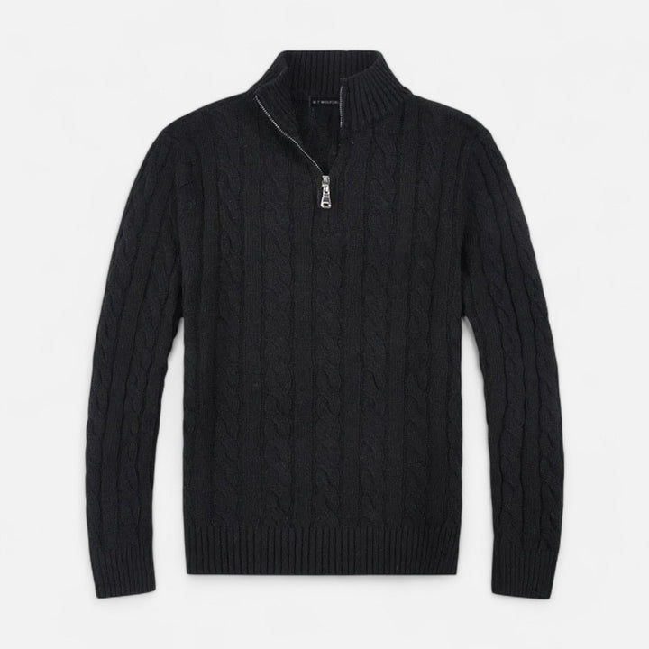 Close-up: Men's refined half-zip sweater, showcasing elegant knit texture and timeless old money aesthetic.