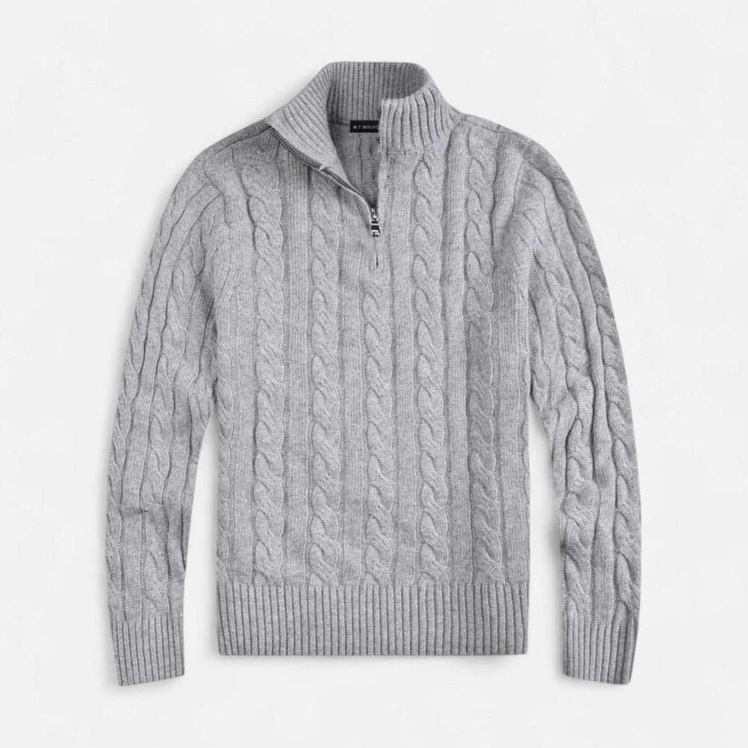 Versatile men's half-zip sweater for layering, featuring a timeless old money aesthetic in quality knit.
