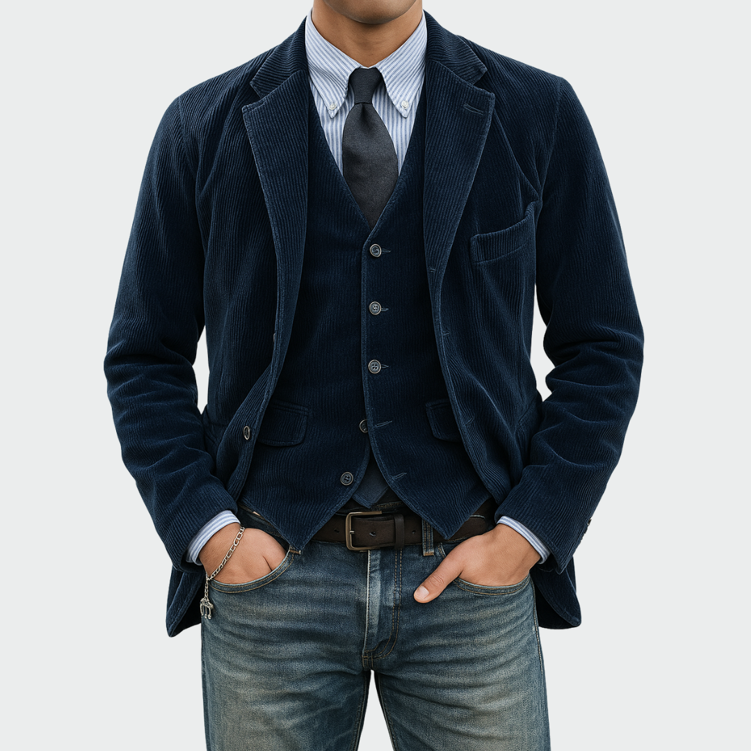 Men's elegant tailored blazer & vest set for formal wear. Perfect for weddings & business.