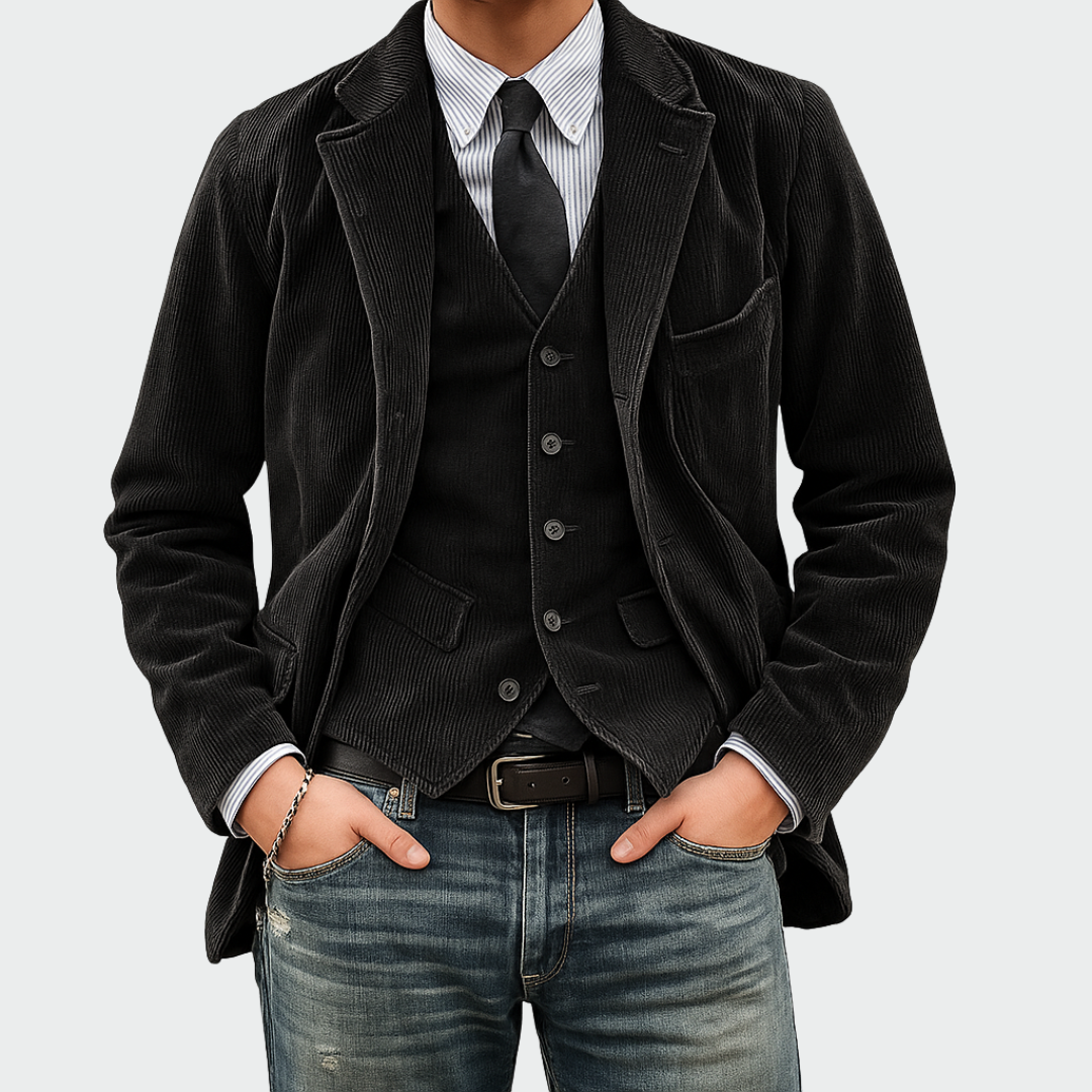 Men's sophisticated tailored fit blazer and vest set, ideal for professional business attire.